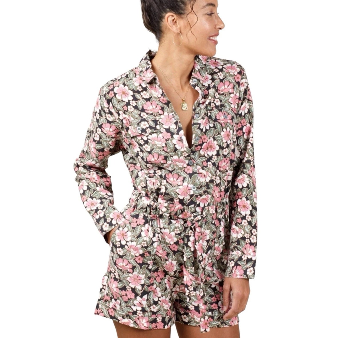 Outerknown Long Sleeve Linen Cotton Shortall Romper Hawaiian Floral S Nwt $188